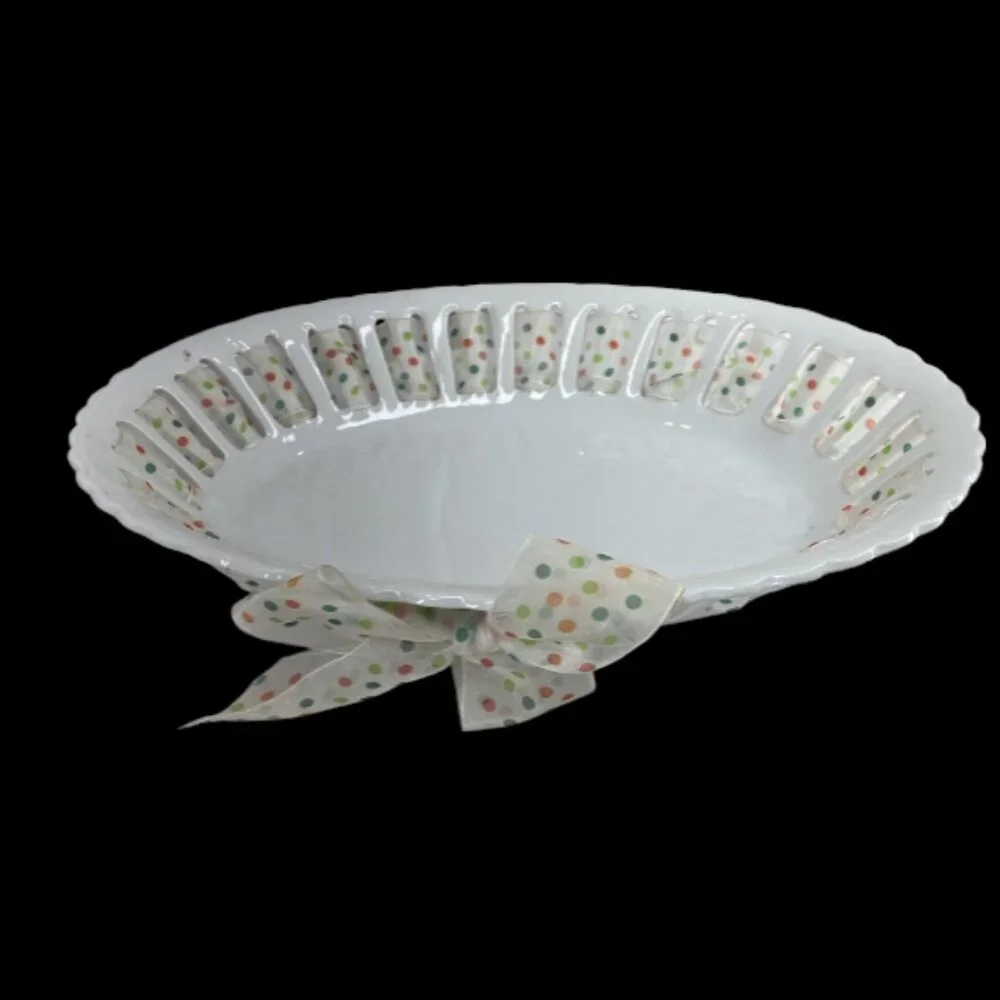PARTY PLATE -- Ceramic, Bread/Candy/Cookies/Favors, Polka Dot Ribbon Wrapped